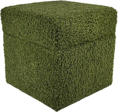 Produktbild von Bouclé-Hocker ROLF 40x40 cm mit Stauraum – aufklappbarer Sitzhocker aus Teddy-Stoff fürs Wohnzimmer – Dunkelgrün