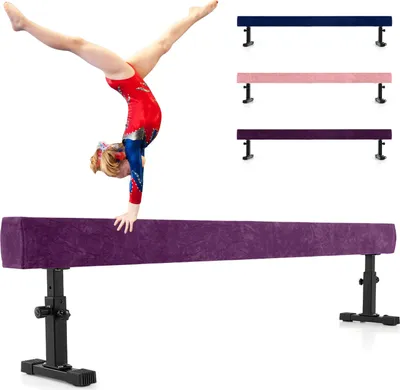 Produktbild von COSTWAY 226cm Schwebebalken, Gymnastikbalken mit 3 Höhen verstellbar, Heimtrainingsgerät mit robusten Metallbeinen & Rädern, Balancierbalken, Lila