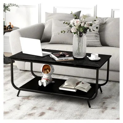 Produktbild von 2-stufiger Couchtisch in Marmoroptik, Kaffeetisch mit Metallgestell, rechteckiger Sofatisch für Büro und Wohnzimmer, 105 x 55 x 46,5 cm (Schwarz)
