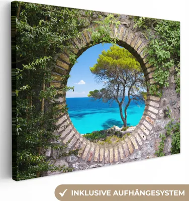 Produktbild von MuchoWow® - Leinwandbilder - Meer - Baum - Tropisch - Ausblick, Wandbild, Wanddeko Bilder Wohnzimmer, 80x60cm