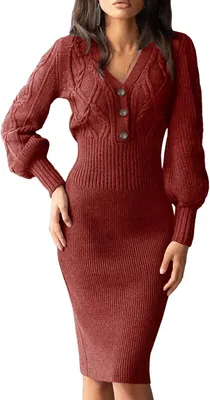 Produktbild von Gestricktes Damenkleid mit V-Ausschnitt, langen Ärmeln und Knopfleiste, knielanger Schnitt, in Weinrot