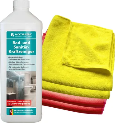 Produktbild von HOTREGA Bad und Sanitär Kraftreiniger Konzentrat 1 L inkl. 4 Microfasertücher - Badreiniger, Sanitärreiniger