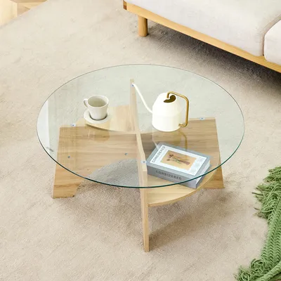 Produktbild von MODFU Moderner runder Couchtisch,Sofatisch mit Stauraum,multifunktionales Design,Kaffeetisch mit Fächerförmiges Gestell,Holz