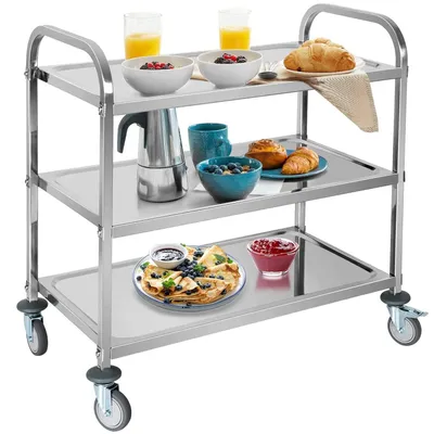 Image de Chariot de service en acier inoxydable, 3 étagères, dimensions : 95 x 50 x 95 cm