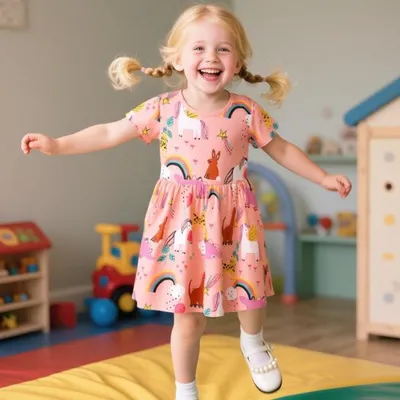 Besticktes Baumwollkleid für Mädchen mit Blumenapplikationen und Herzdruck - Weiches lässiges Sommerkleid für Geburtstage
