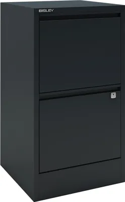 A dark gray filing cabinet with two drawers.