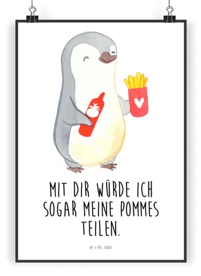 Produktbild von Mr. & Mrs. Panda Bild Pinguin Pommes DIN A3 - Weiß - Geschenk, Wandbild, wanddeko, Freundin, für, drucke, Partner, Plakat, kunstdruck poster, Hochzeitstag, Frauen, Freund
