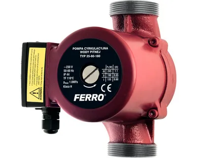 A red circulation pump with a black control box on a white background.