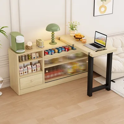 Produktbild von okwish Ausziehbarer Klapp-Esstisch mit Stauraum,moderner beweglicher Esstisch,Klapp-Esstisch,Esstisch mit großem Stauraum, 360° drehbar,Natur+Schwarz