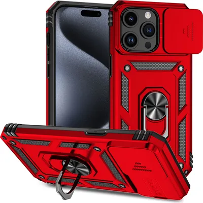 Produktbild von iPhone 15 Pro Hülle mit Schiebe Kamera Schutz und Ringhalter Ständer Robust Rüstung Schutzhülle für iPhone 15 Pro Rot