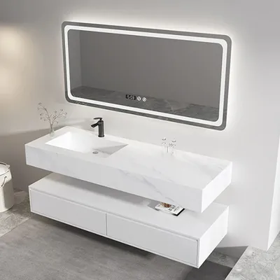 Zdjęcie produktu dla Zestaw umywalki ceramicznej z szufladą i lustra LED do łazienki, biały, 180x55 cm