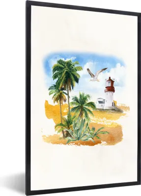 Produktbild von MuchoWow® MuchoWow® Gerahmtes Poster Leuchtturm - Vogel - Palmen - Strand 40x60 cm - Poster mit zchwarzem Bilderrahmen - Papierdruck - Wandbilder
