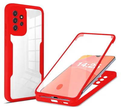 A red and transparent phone case is shown, with a phone inside the transparent part. The case is shown from two angles, one is a full case and the other is a disassembled view.