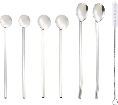 Image de CANDeal 6 pailles cuillères réutilisables en acier inoxydable en 3 tailles 2 en 1 cuillères à cocktail milk-shake avec 1 brosse de nettoyage longue