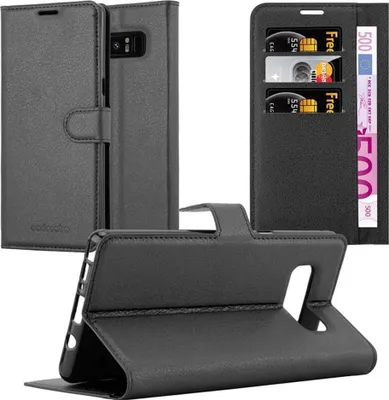 A collage of images showing a black leather phone case for a Samsung Galaxy Note 8, including views of the case open, closed, and with cards inserted.