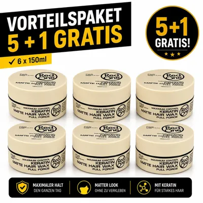 Produktbild von Red One Keratin Matte Hair Wax 6er Pack – 6 Stück je 150ml mattes Haarwachs Vorratspack für starken Halt, Struktur, Barber Style, Herren Frisur, kurze Haare, Friseurbedarf, Männer Styling & Alltag