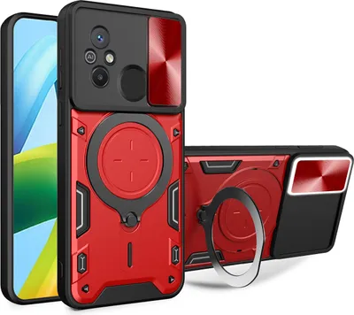 Produktbild von Handyhülle für Xiaomi Redmi 12C  Dual-Layer Stoßfest Rüstung Hülle mit Dia Kameraschutz und Kreisförmig Ring Ständer Rot