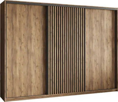 A three-door sliding wardrobe with a wood-effect finish and vertical black slats.
