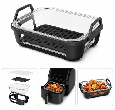 Produktbild von 4-teiliges Glas-Auflaufform Set für Ninja AF500EU/AF400EU, 21x16x6,8cm, mit Deckel, Silikonrahmen & Abtropfeinsatz–Airfryer Zubehör, spülmaschinenfest