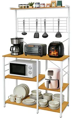 Immagine prodotto di Scaffale da cucina - Scaffale per microonde - 4 ganci a S - Legno - Stile industriale - 90×40×40 cm - Grigio chiaro