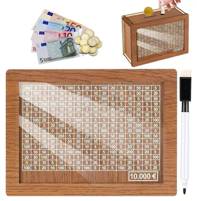 Productafbeelding van Houten spaarbox - Met spaardoel van 10.000 euro en vakjes om af te vinken - Herbruikbare spaarbox met teller