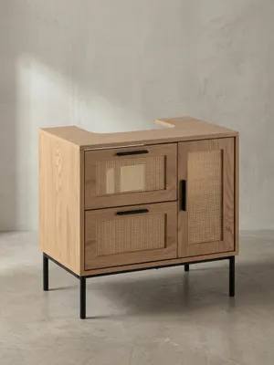Produktbild von Waschbeckenunterschrank Eiche-Optik 60x60x40 cm mit Tür und Schubladen, Badezimmerschrank mit Rattangeflecht, Unterschrank Stehend, Badschrank Midischrank Klein Waschtisch