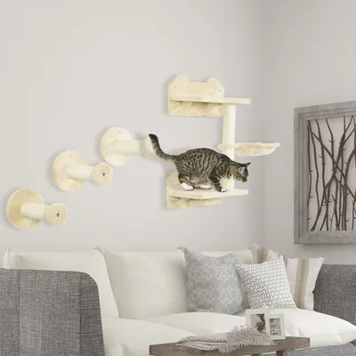 Produktbild von Katzen Kletterwand Set wandmontiert 3+1-tlg., Kletterstufen Hängematte Kratzbaum, Plüsch Sisal, Beige+Cremeweiß | 40x28x73 cm | 8 kg