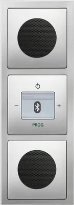 Produktbild von Busch Jäger Unterputz UP Bluetooth Radio 8217 U (8217U) PUR Edelstahl Komplett-Set // Radioeinheit + 2 x Lautsprecher + 3-fach Rahmen 1723-866K + Abdeckungen, Unterputzradio (Radio)