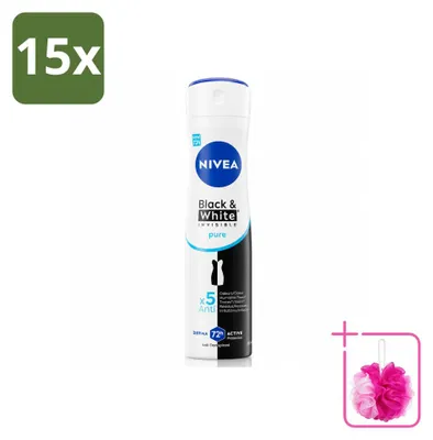 Imagen del producto de 15 unidades de desodorante en spray NIVEA Black & White Invisible Pure, 150 ml, pack ahorro