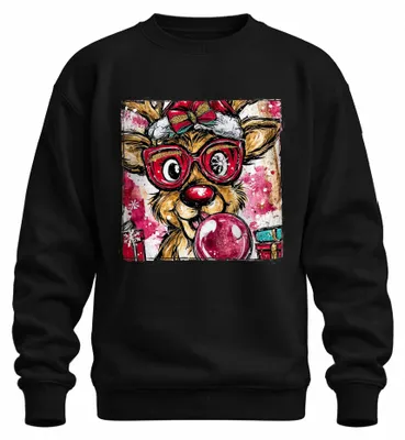Imagen del producto de Sudadera con cuello redondo, diseño navideño con un reno, gafas, chicle y un lazo, estilo divertido y retro, uni, color negro, talla 3XL