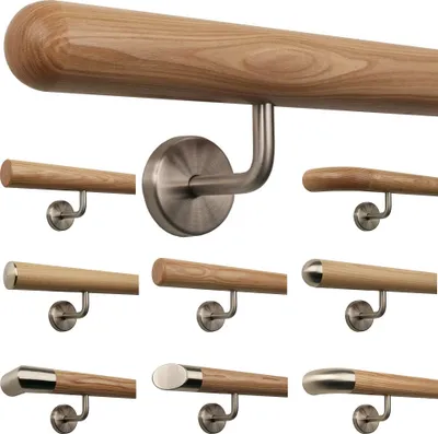 Produktbild von TIBU Esche Holz Handlauf Geländer 0,3m - 5m, Länge 340 cm, Ende Halbkugel gefräst und 5 gewinkelte Halter