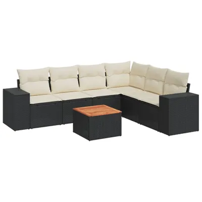 Produktbild von Modulares Garten-Sofa-Set 7-tlg., Poly Rattan Schwarz, mit Stauraum & wasserabweisendem Beutel, Akazienholz-Tisch, cremeweiße Kissen