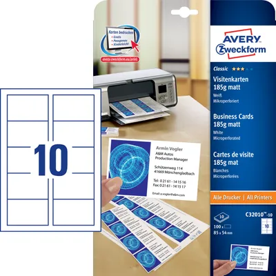 Image de Avery Zweckform C32010-10 Classic Cartes de visite, 85 x 54 mm, recto verso - mat, 10 feuilles