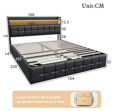 Zdjęcie produktu dla Łóżko tapicerowane – łóżko podwójne 160 x 200 cm – schowek pod materacem – oświetlenie LED – gniazda USB – stelaż z listew – czarna skóra PU