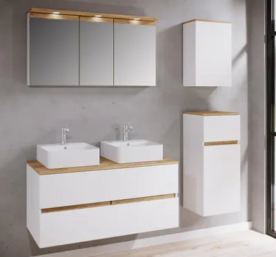 Produktbild von VCM 6-tlg. Doppelwaschtisch Cosila mit 2 Keramikbecken – Badschrank H. 51 x B. 111 x T. 51 cm mit 2 Softclose-Schubladen, Spiegelschrank mit Beleuchtung & Steckdose, Midi und Hängeschrank, Waschplatz Set Cosila-A