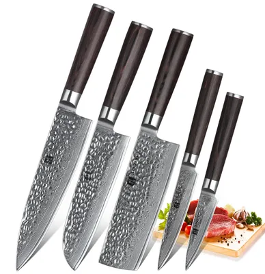 5-tlg. Damastmesser-Set, japanischer Stahl, scharf, Pakkawood-Griff