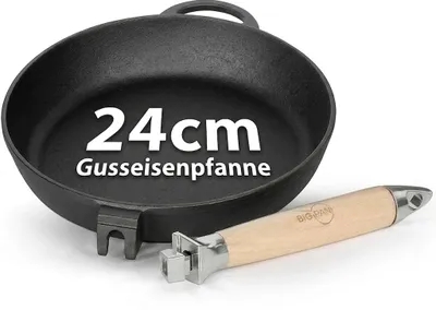 Produktbild von Gusseisen-Pfanne Ø24 cm TIEF Induktion abnehmbarer Holzgriff unbeschichtete Gusspfanne für Backofen
