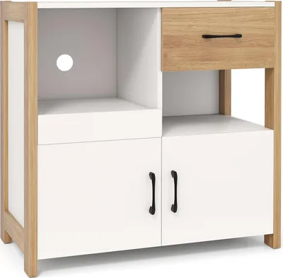 A white and wood-colored cabinet with two doors and a drawer, shown from the front.