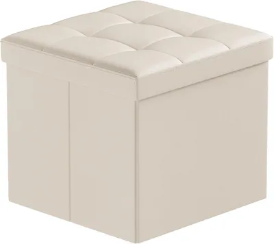 Imagen del producto de Reposapiés plegable, de imitación cuero color beige, 38 x 38 x 38 cm, con espacio de almacenamiento, ideal para el salón