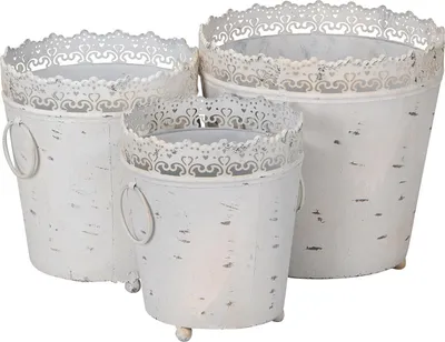 Produktbild von Pflanzkübel 3er Set Eisen Weiß Grau Shabby Chic Vintage Kübel Deko Gartendeko