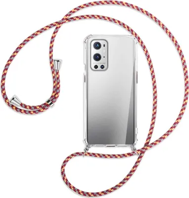 Produktbild von Handykette Backcover-Schutzhülle mit Band (Metall silberfarben) für OnePlus 9 - weinrot/gelb/grau