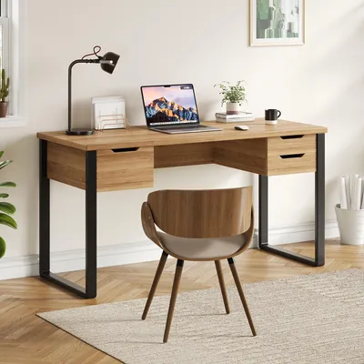 Immagine prodotto di Scrivania Merax 130x55x76 cm, scrivania da ufficio in stile minimalista con 3 cassetti, scrivania in acciaio e legno con struttura in metallo, scrivania per computer, finitura naturale