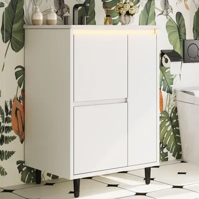 Produktbild von Flieks freistehender Badezimmerwaschtisch mit integriertes Keramikbecken, Soft-Close-Scharniere, zwei Schubladen, Waschtisch, Standschrank, Weiß