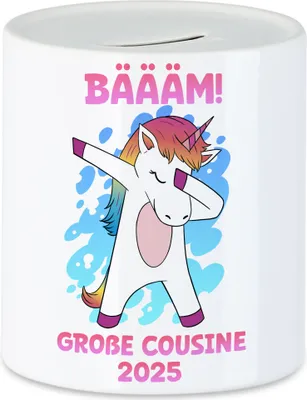 Produktbild von Bäääm Große Cousine 2025 Spardose Einhorn Schwangerschaft Ankündigung Babyparty Babyshower Cousin & Cousine