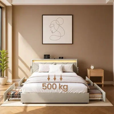 Immagine prodotto di Struttura letto 140 x 200 cm con illuminazione | Beige | 149x210,2x88,2/94,7 cm