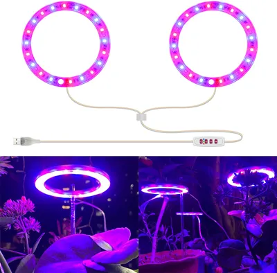 Obrázek produktu pro Časovač LED lampy na rostliny, stmívatelná lampa na květináče, LED rostoucí lampa červená + modrá, rostoucí lampa pro pokojové rostliny ve skleníku, 2 kroužky
