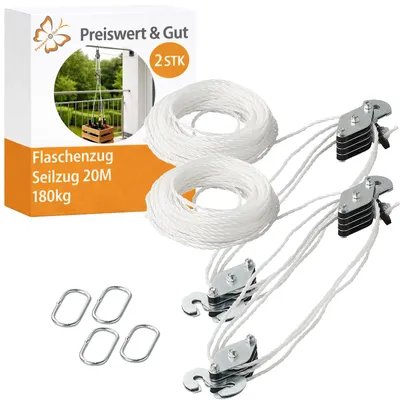Produktbild von 2x Seilzug und Seilhebezug bis 180kg kaufen Flaschenzug mit Umlenkrolle 20m – Handseilzug, kleiner Flaschenzug Seilzüge