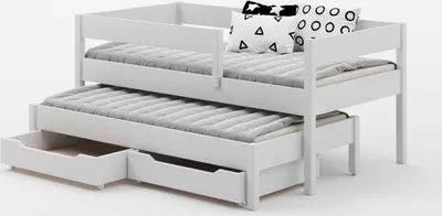 Produktbild von Ausziehbett Felix 180x80 Kinderbett mit Rausfallschutz & Lattenrost weiß 80 x 180 für Mädchen und Jungen Massivholz Kiefer, mit Schubladen