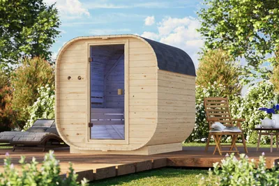 Image de Karibu Saunahaus : Sauna extérieure, sauna de jardin, sauna en fût, modèle Quadro 2, non traité, sans accessoires, en bois massif de 38 mm, dimensions : 199 x 220 x 205 cm