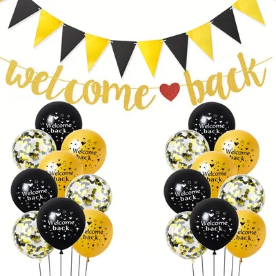 Image de Ensemble de guirlande et de ballons dorés et noirs, avec confettis, 20 pièces.